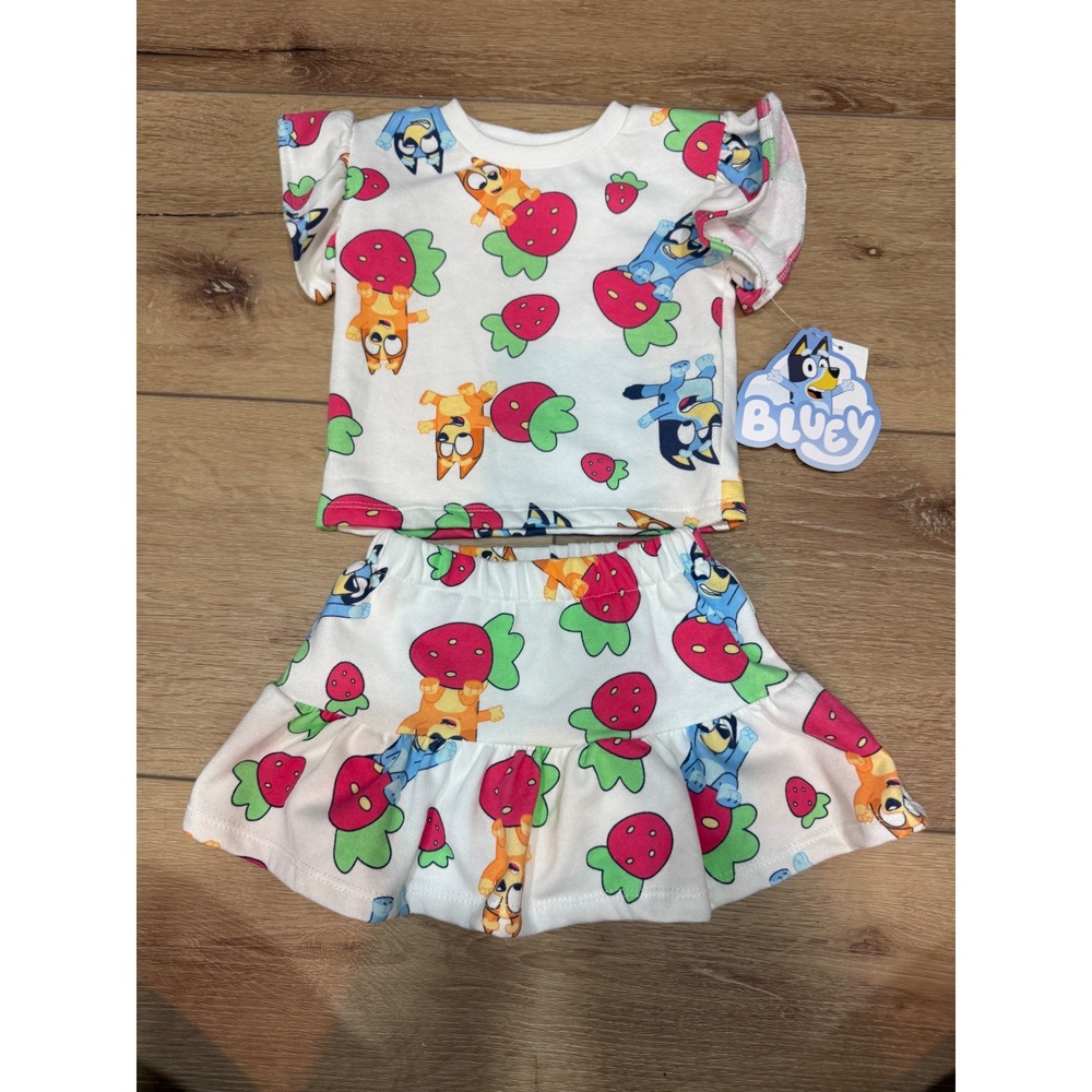 Bluey Bingo Girls Strawberry Skort Set 2pc Flutter Sleeve Top White‎ 12M NWT